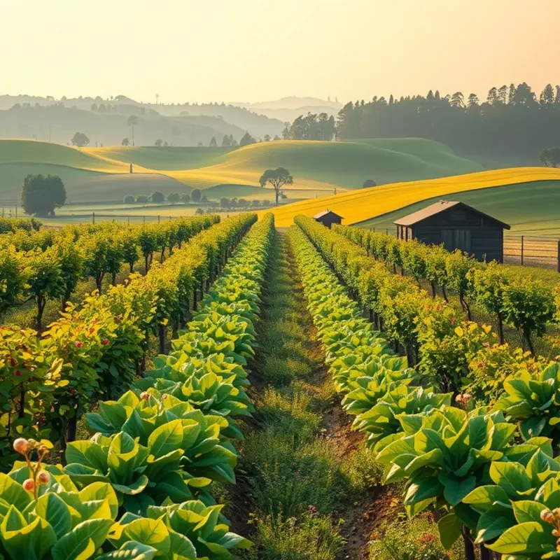 A lush landscape showcasing an abundance of organic grains and vegetables.