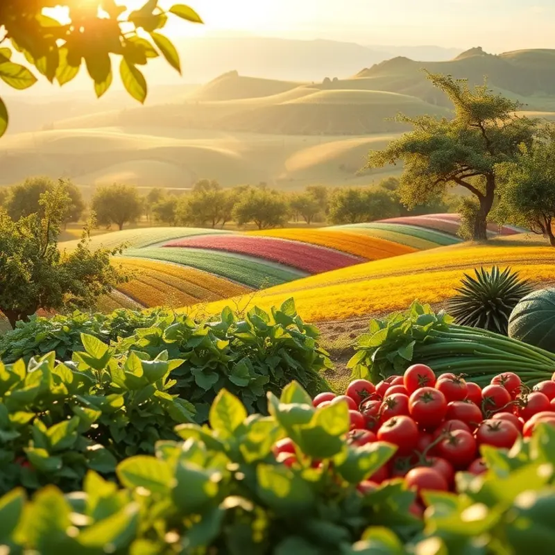 A sunlit landscape showcasing vibrant fruits and vegetables amid lush greenery.