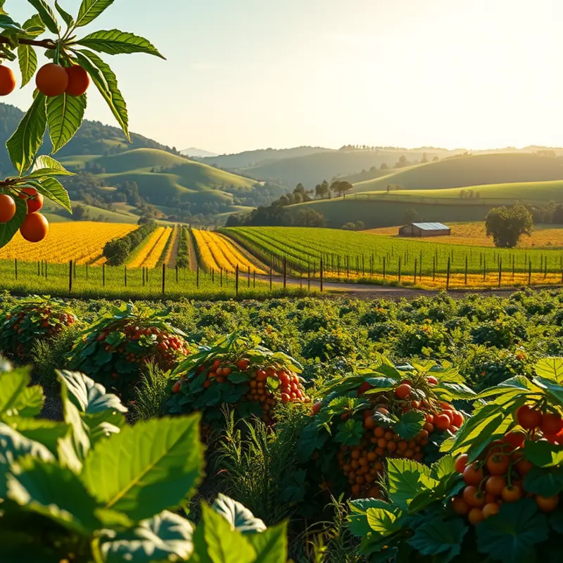 A serene view of a vibrant vegetable and fruit orchard, representing the bountiful connection between nature and mindful eating.