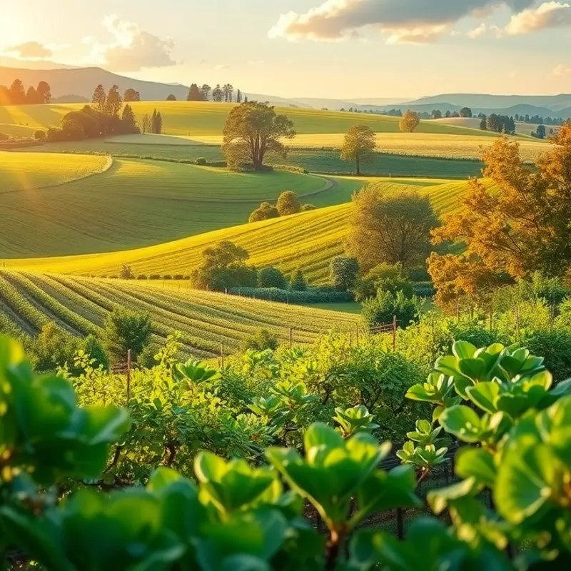 A serene landscape showcasing the abundant colors of fresh fruits and vegetables in nature.
