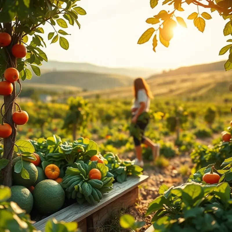 A serene sunlit field filled with vibrant vegetables and fruits, representing healthy eating.