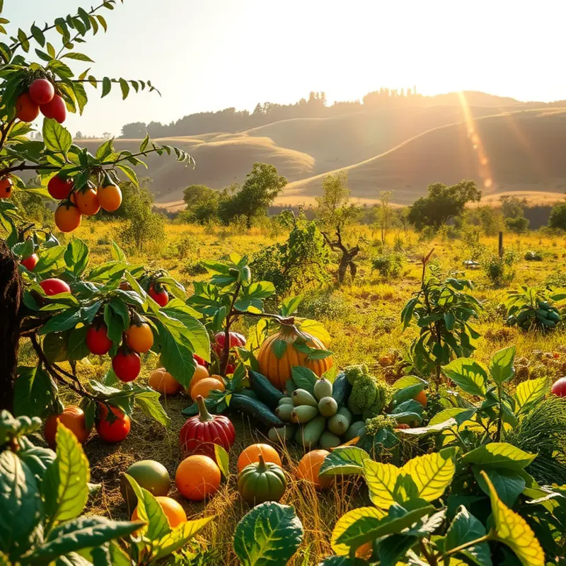 A sunlit field filled with vibrant fruits and vegetables, symbolizing nourishment and abundance.
