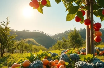 A picturesque landscape showcasing a vibrant garden filled with fresh, organic vegetables and fruits.
