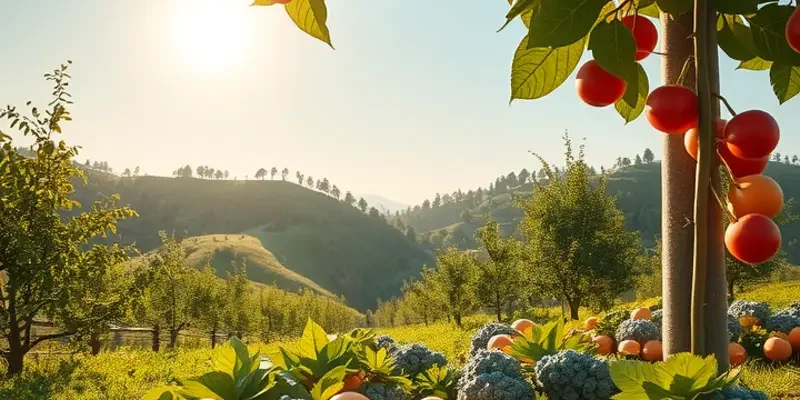 A picturesque landscape showcasing a vibrant garden filled with fresh, organic vegetables and fruits.