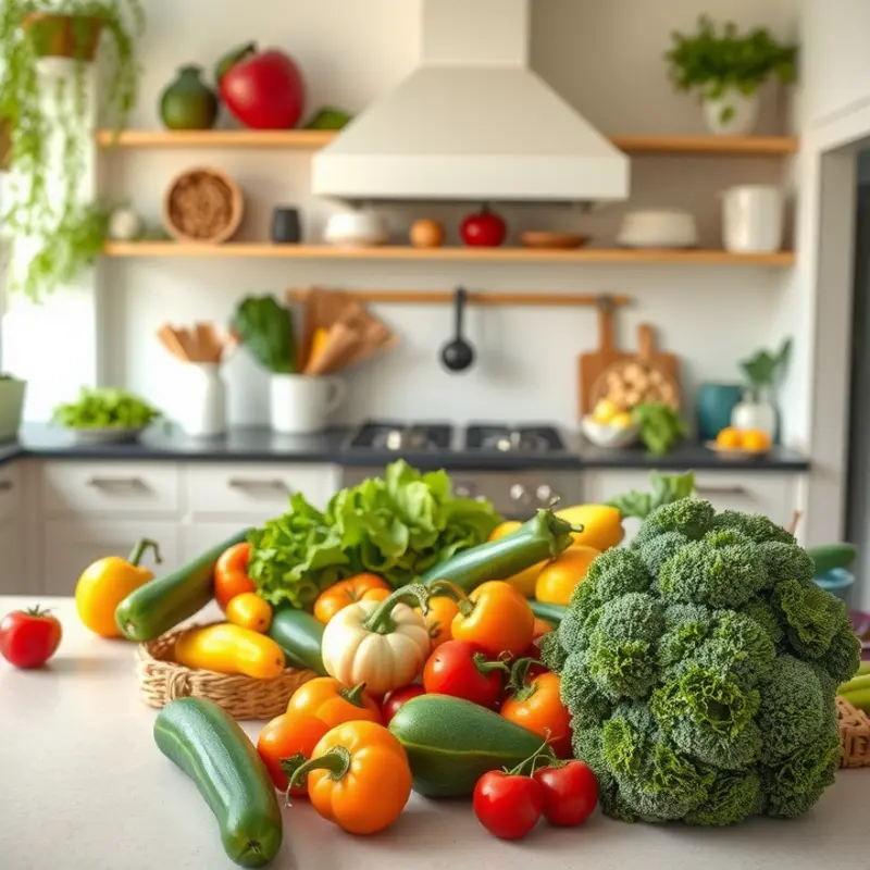 A sunlit field brimming with organic fruits and vegetables, symbolizing nourishment and joy.
