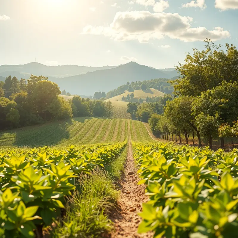 A scenic view of a sunlit field abundant with fresh fruits and vegetables, representing healthy nutrition.
