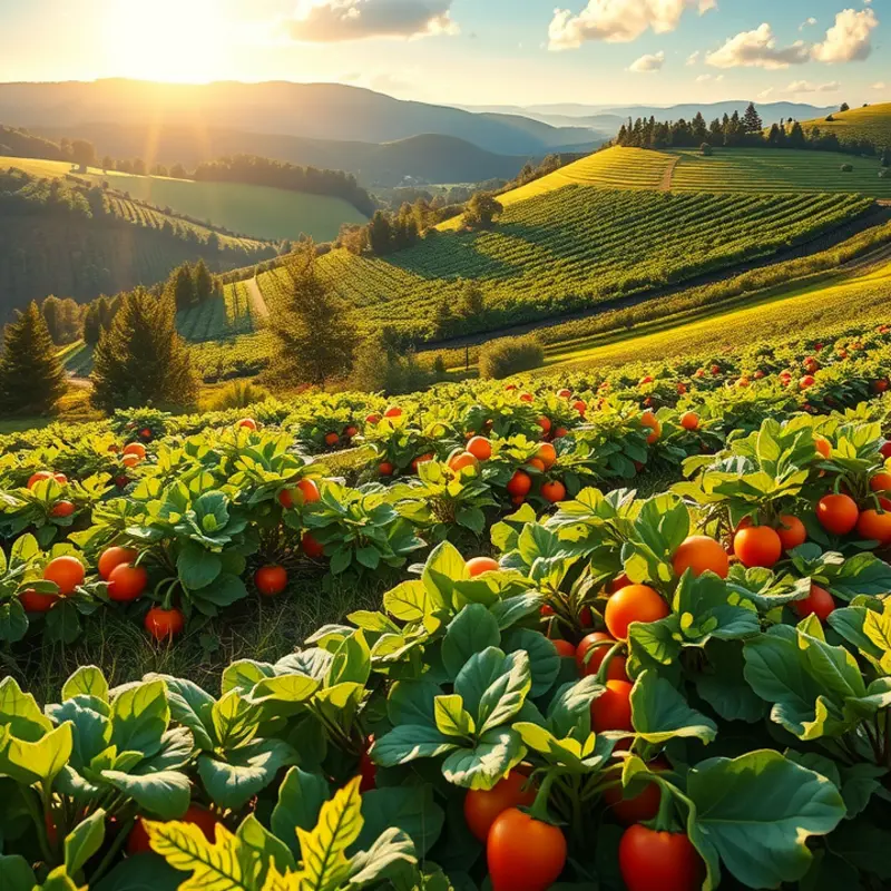 A serene landscape showing an abundance of natural, healthy produce.