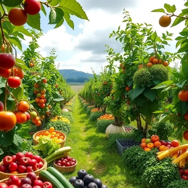 A vibrant orchard illustrating the colorful variety of fruits and vegetables beneficial for brain health.