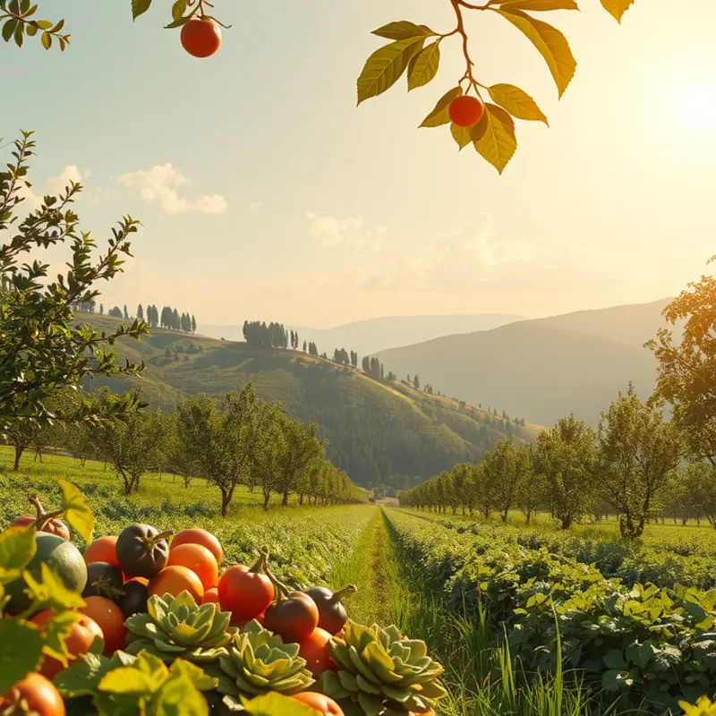 A vibrant garden showcasing fresh vegetables and fruits in a sunlit setting.
