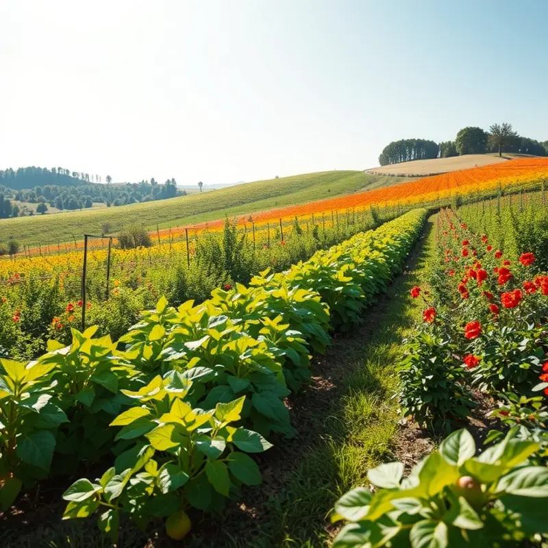 A sunlit landscape showcasing the natural beauty of organic fruit and vegetable growth.