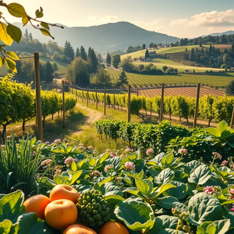 A vibrant orchard bursting with fresh, organic produce under soft sunlight.