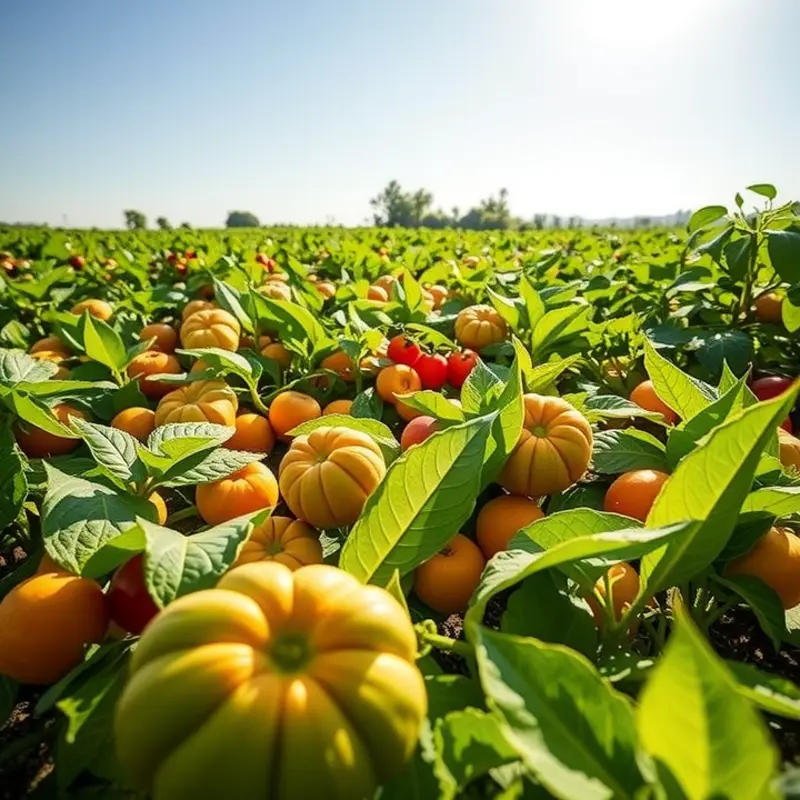 A vibrant sunlit field filled with organic fruits and vegetables.