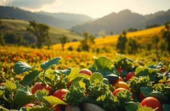 A picturesque sunny field with various fresh fruits and vegetables growing in harmony.