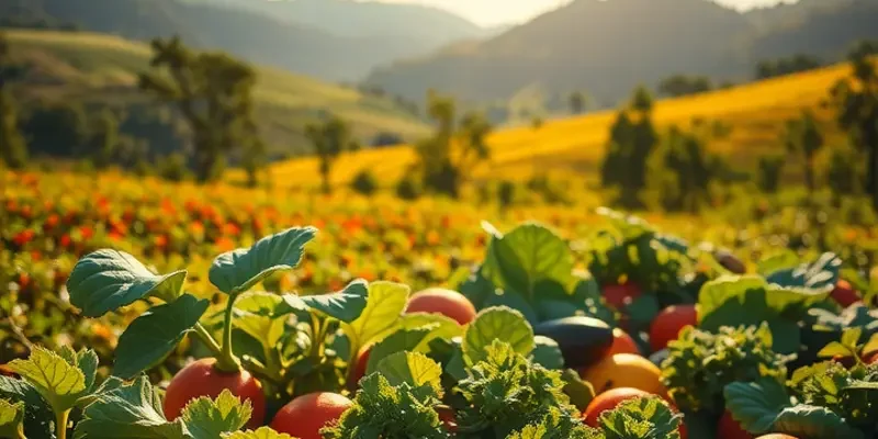 A picturesque sunny field with various fresh fruits and vegetables growing in harmony.