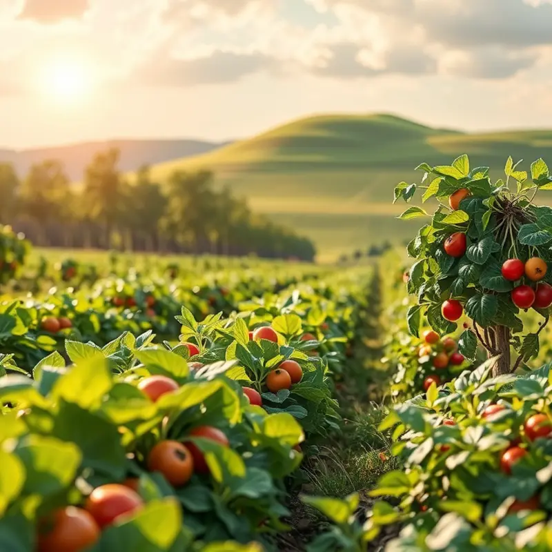 A sunlit field filled with vibrant vegetables and fruits, showcasing the abundance of organic produce.