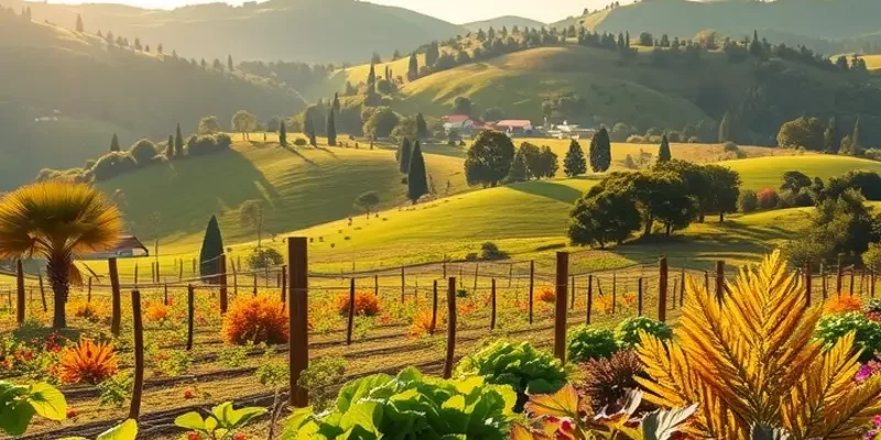 A beautiful landscape filled with vibrant vegetables and fruits thriving in natural conditions