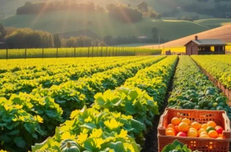 A vibrant field of fresh vegetables under soft warm sunlight.