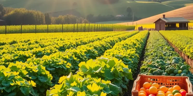 A vibrant field of fresh vegetables under soft warm sunlight.