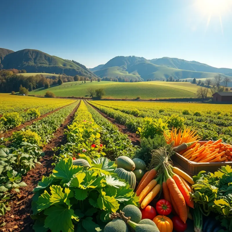 A sunlit field overflowing with healthy vegetables.