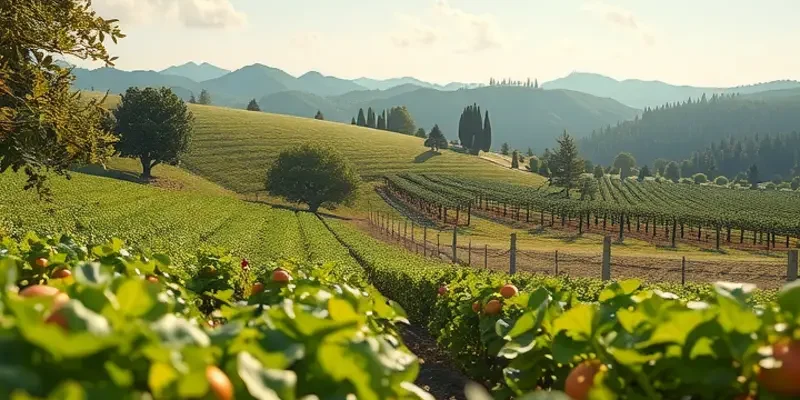 A bright sunlit field filled with organic vegetables and fruits.