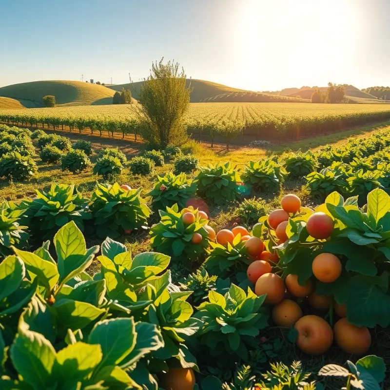 A sunlit orchard filled with vibrant fruits and vegetables.