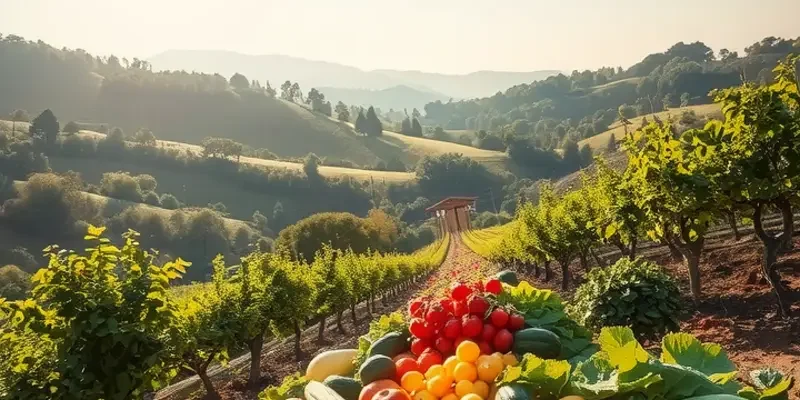 A lush field filled with vibrant fruits and vegetables representing healthy meal prep.