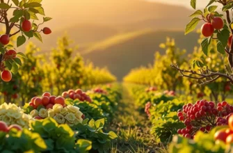 A vibrant landscape filled with organic vegetables and fruits under warm sunlight, symbolizing healthy nutrition.