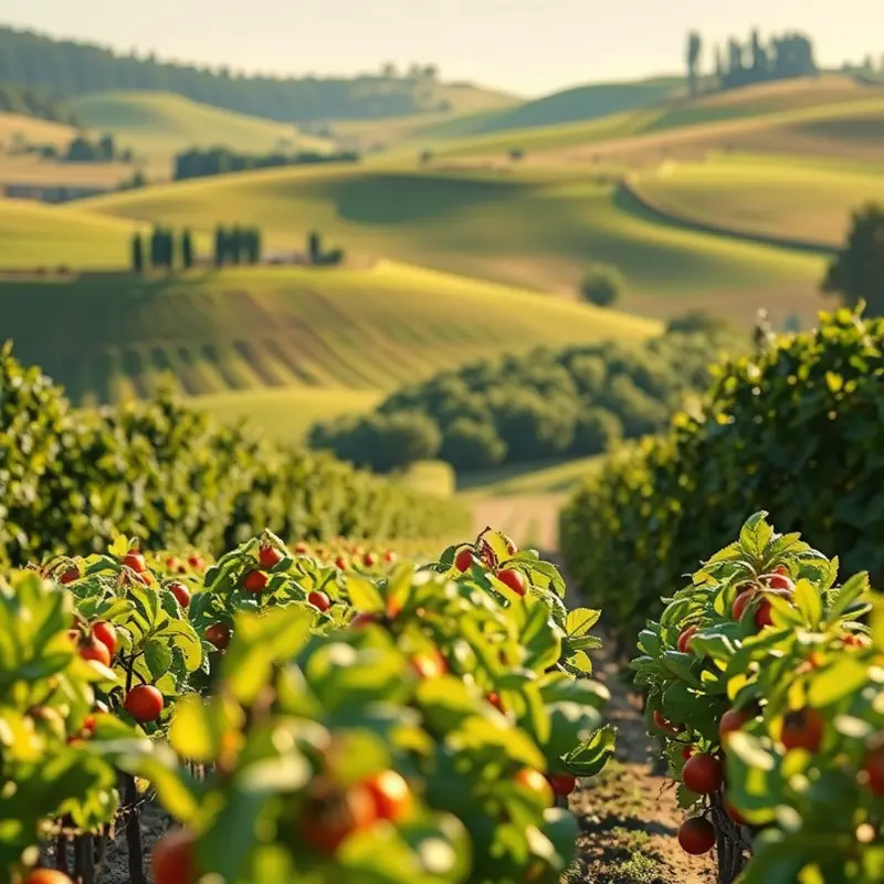 A pristine mountain landscape showcasing wild edible plants and fruits in their natural habitat.