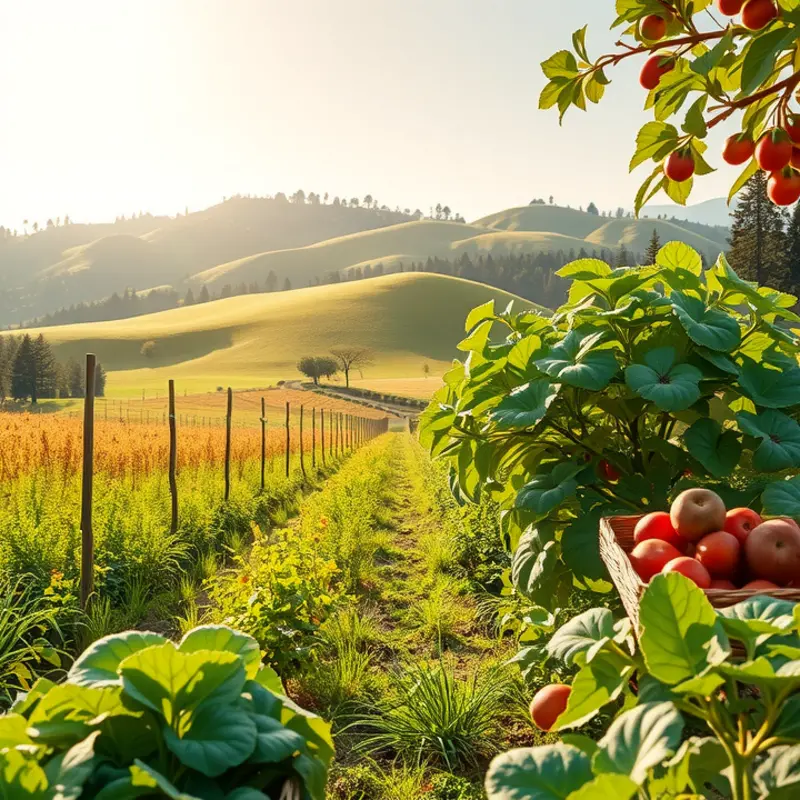 A vibrant sunlit field showcasing organic tomatoes amidst lush greenery.