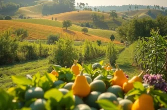 A sunlit field showcasing a variety of fresh fruits and vegetables among lush greenery.