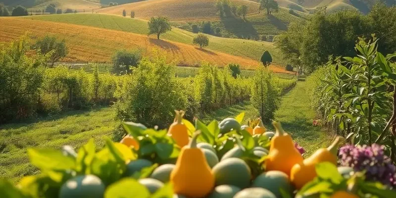 A sunlit field showcasing a variety of fresh fruits and vegetables among lush greenery.