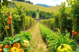 A serene landscape filled with vibrant fruits and vegetables in a sunlit field.