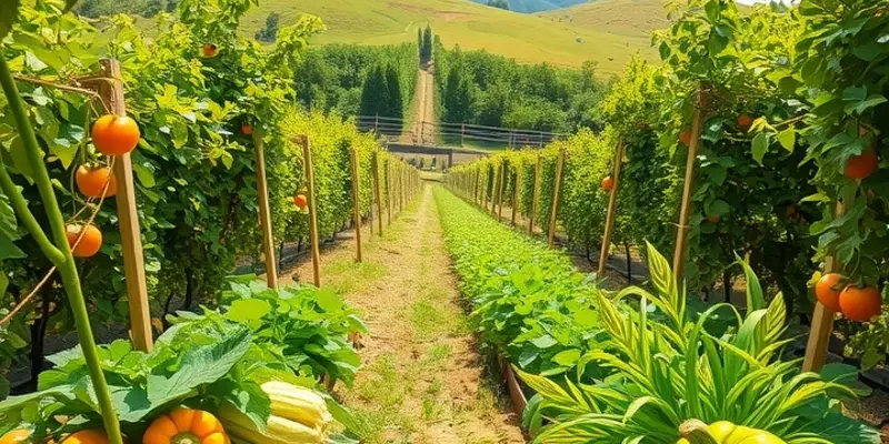 A serene landscape filled with vibrant fruits and vegetables in a sunlit field.
