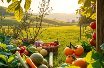 A vibrant organic garden filled with fresh vegetables and fruits, symbolizing the connection between nature and mindful eating.