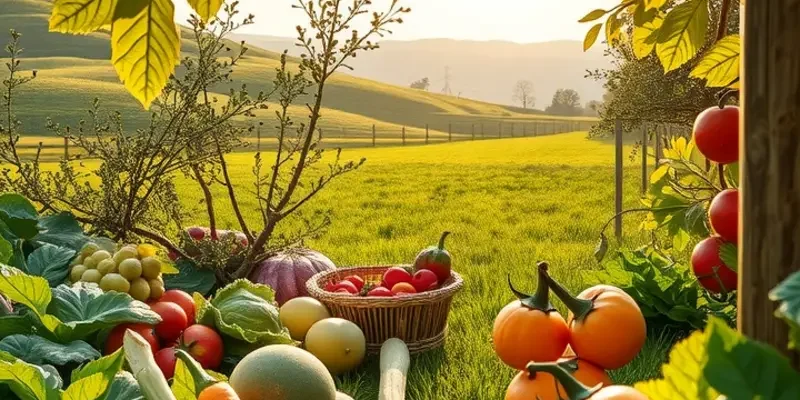 A vibrant organic garden filled with fresh vegetables and fruits, symbolizing the connection between nature and mindful eating.