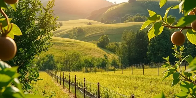 An organic orchard filled with ripe fruits and vegetables under natural sunlight.
