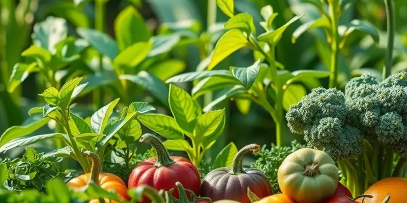 A picturesque field filled with various organic fruits and vegetables under soft, natural light.