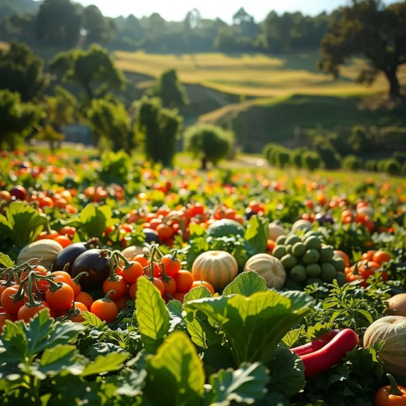 A beautiful sunlit field brimming with organic vegetables and fruits, representing the natural bounty celebrated in many Asian desserts.