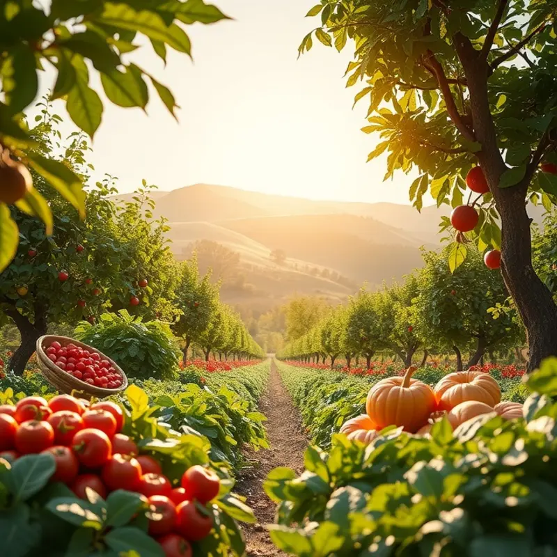 A sunlit field filled with vibrant, organic produce.