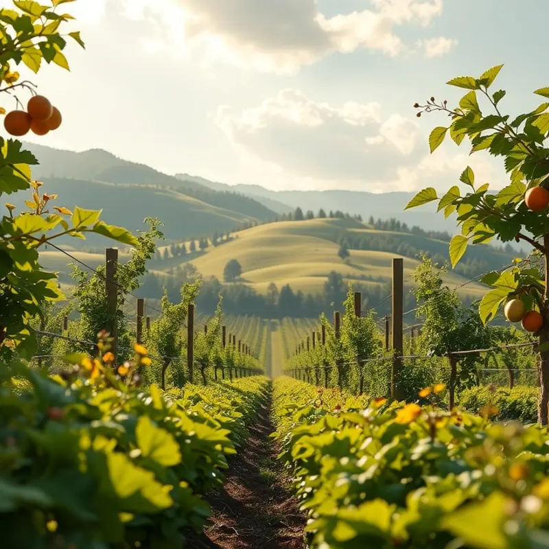 A sunlit field with vibrant vegetables and fruits, symbolizing freshness and abundance.