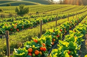 Sunlit harvest field full of vibrant vegetables and fruits.