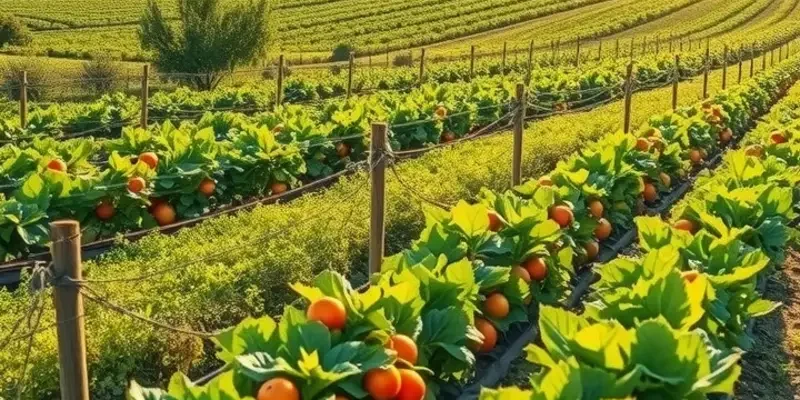 Sunlit harvest field full of vibrant vegetables and fruits.