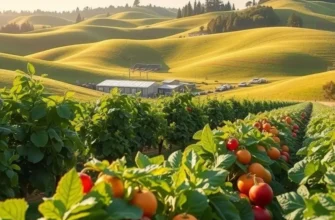 A picturesque view of a countryside filled with various organic fruits and vegetables in a sunlit field.