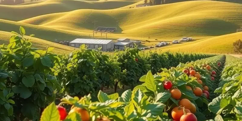A picturesque view of a countryside filled with various organic fruits and vegetables in a sunlit field.