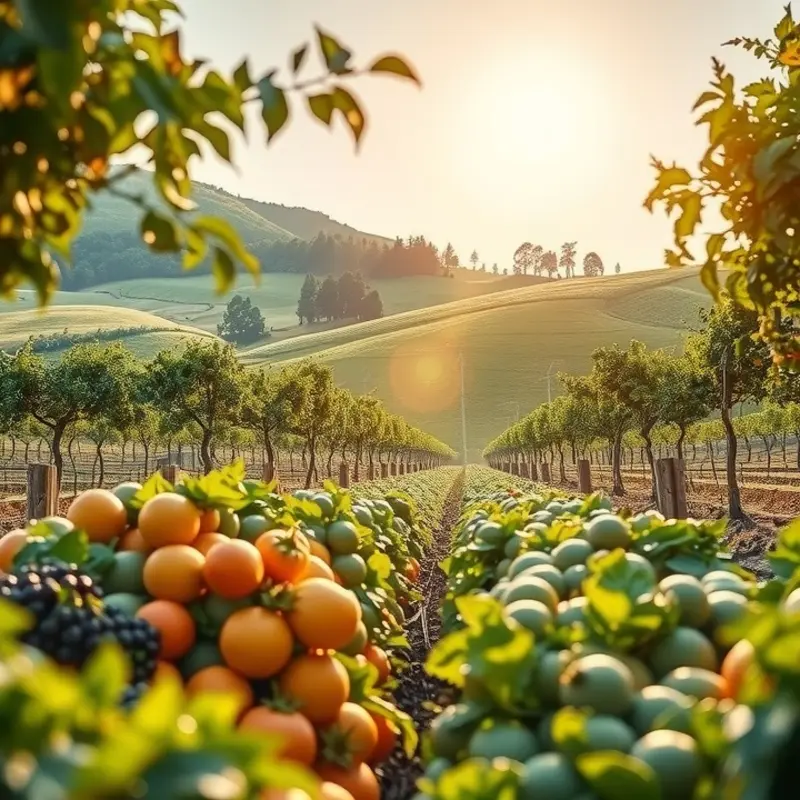 A sunlit organic orchard filled with vibrant fruits and vegetables.