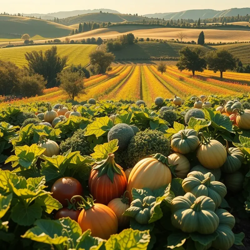 A sunlit orchard filled with vibrant vegetables and fruits representing the bounty of global cuisines.