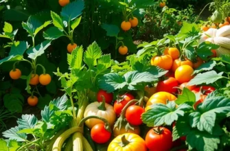 A stunning view of a garden filled with abundant fruits and vegetables, surrounded by a lush landscape.