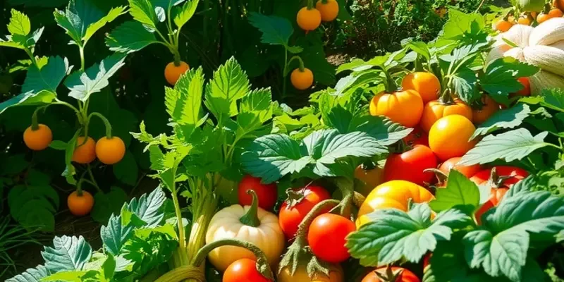 A stunning view of a garden filled with abundant fruits and vegetables, surrounded by a lush landscape.