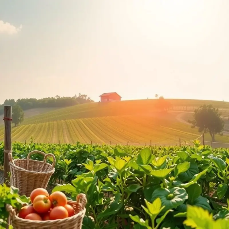 A sunlit field showcasing a variety of vibrant fruits and vegetables.