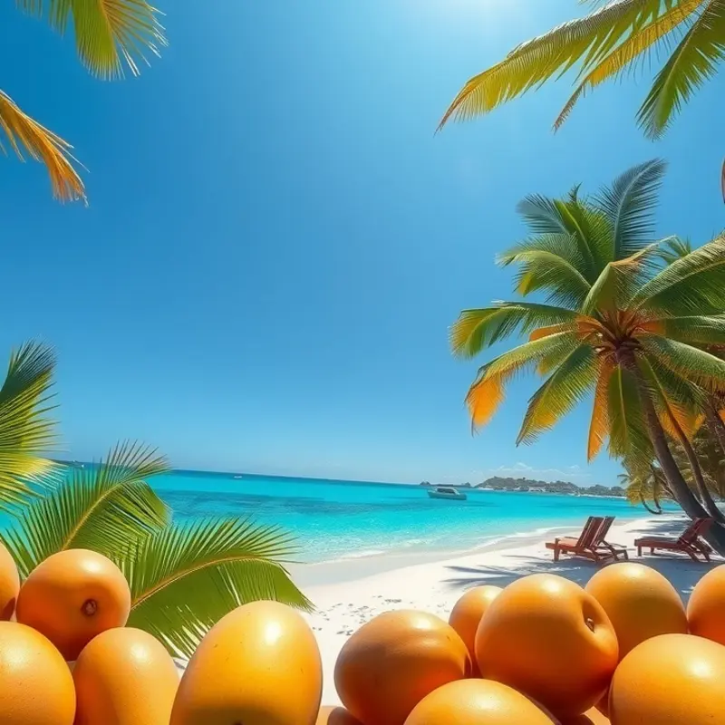 A sunny Caribbean landscape featuring an abundance of tropical fruits.